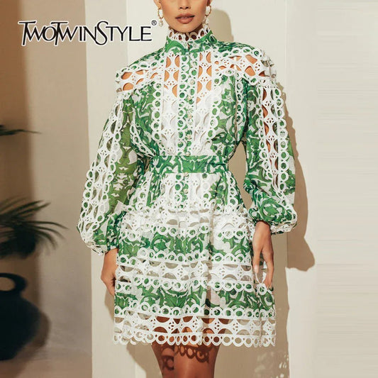 TWOTWINSTYLE Hollow Out Hit Color Dresses For Women Lapel Long Sleeve High Waist Spliced Lace Up Printing Mini Dress Female New - SN Wigs & More