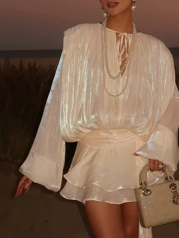 TWOTWINSTYLE Loose Solid Dresses For Women Round Neck Lantern Sleeve High Waist Spliced Fold Mini Chic Dress Female Fashion 2025