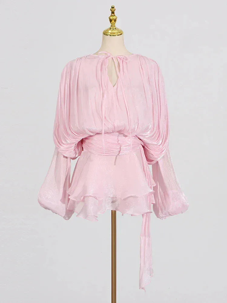 TWOTWINSTYLE Loose Solid Dresses For Women Round Neck Lantern Sleeve High Waist Spliced Fold Mini Chic Dress Female Fashion 2025