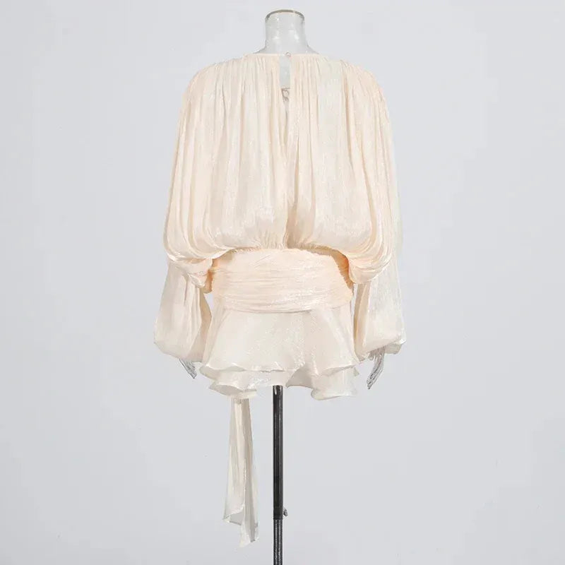 TWOTWINSTYLE Loose Solid Dresses For Women Round Neck Lantern Sleeve High Waist Spliced Fold Mini Chic Dress Female Fashion 2025