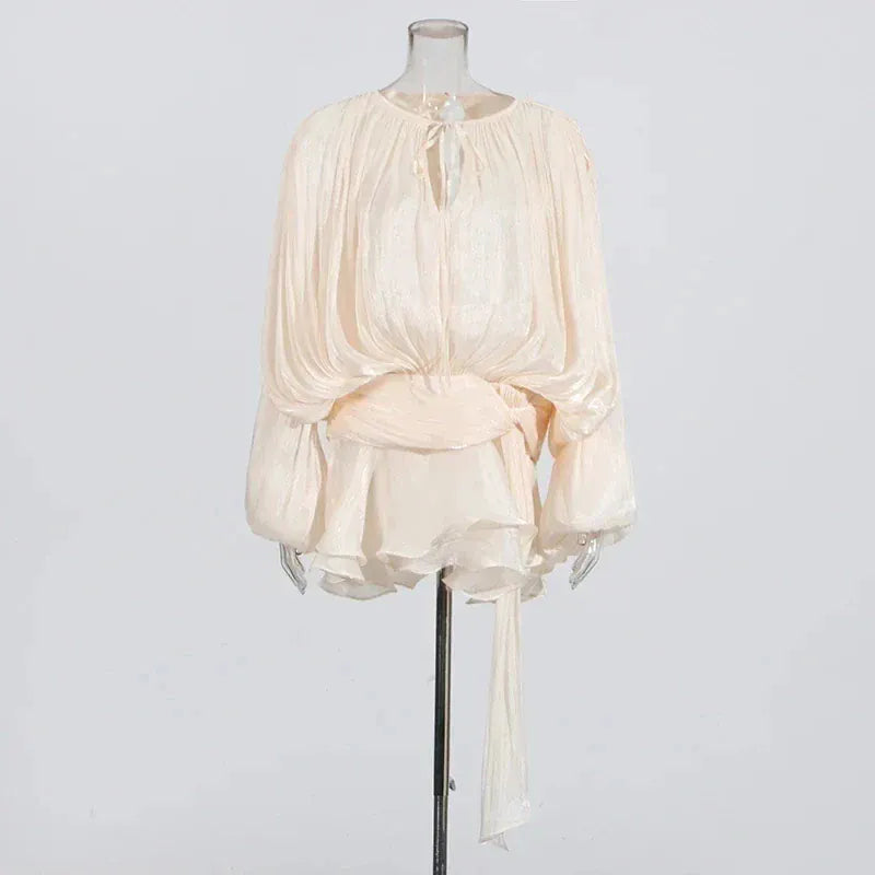 TWOTWINSTYLE Loose Solid Dresses For Women Round Neck Lantern Sleeve High Waist Spliced Fold Mini Chic Dress Female Fashion 2025