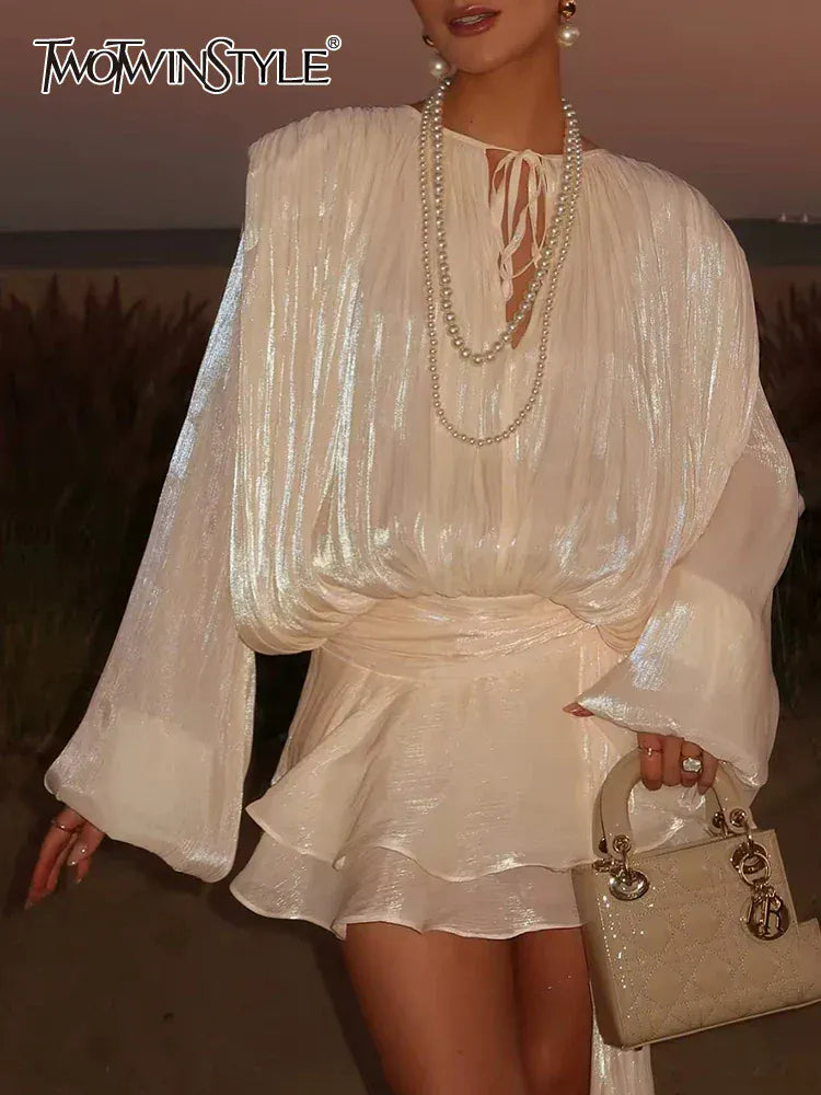 TWOTWINSTYLE Loose Solid Dresses For Women Round Neck Lantern Sleeve High Waist Spliced Fold Mini Chic Dress Female Fashion 2025