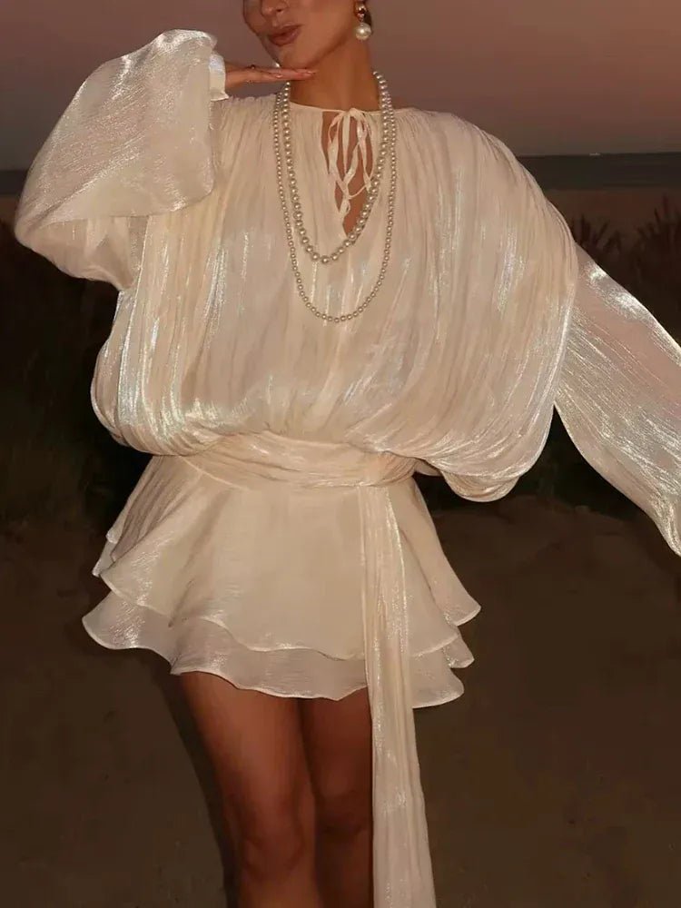 TWOTWINSTYLE Loose Solid Dresses For Women Round Neck Lantern Sleeve High Waist Spliced Fold Mini Chic Dress Female Fashion 2025 - SN Wigs & More