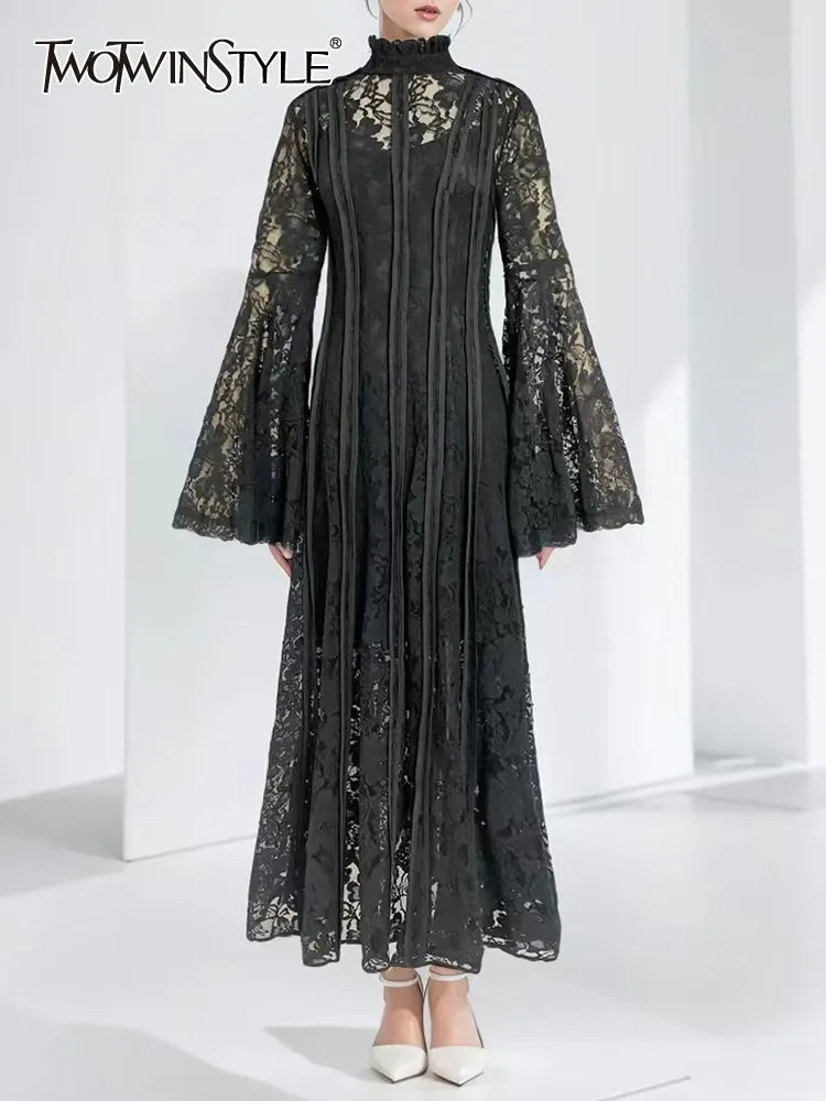 TWOTWINSTYLE Patchwork Lace Slimming Dresses For Women Stand Collar Flare Sleeve High Waist Solid Elegant Dress Female Fashion