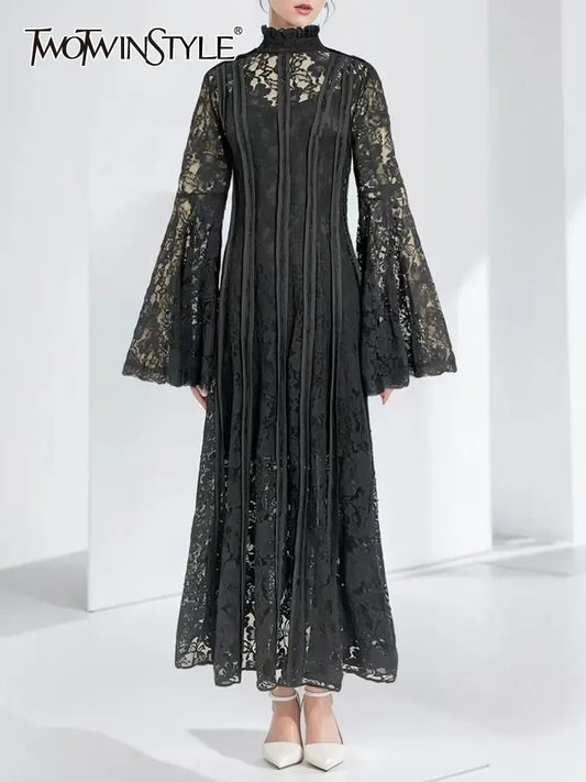 TWOTWINSTYLE Patchwork Lace Slimming Dresses For Women Stand Collar Flare Sleeve High Waist Solid Elegant Dress Female Fashion