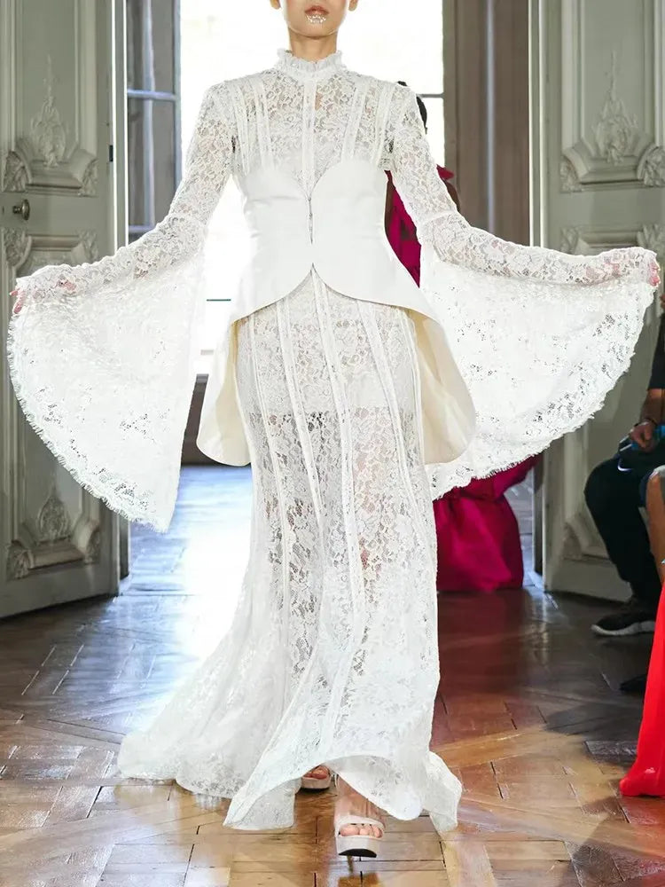 TWOTWINSTYLE Patchwork Lace Slimming Dresses For Women Stand Collar Flare Sleeve High Waist Solid Elegant Dress Female Fashion