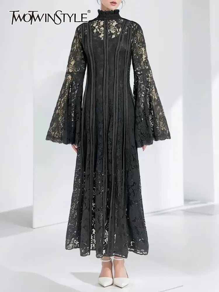 TWOTWINSTYLE Patchwork Lace Slimming Dresses For Women Stand Collar Flare Sleeve High Waist Solid Elegant Dress Female Fashion - SN Wigs & More