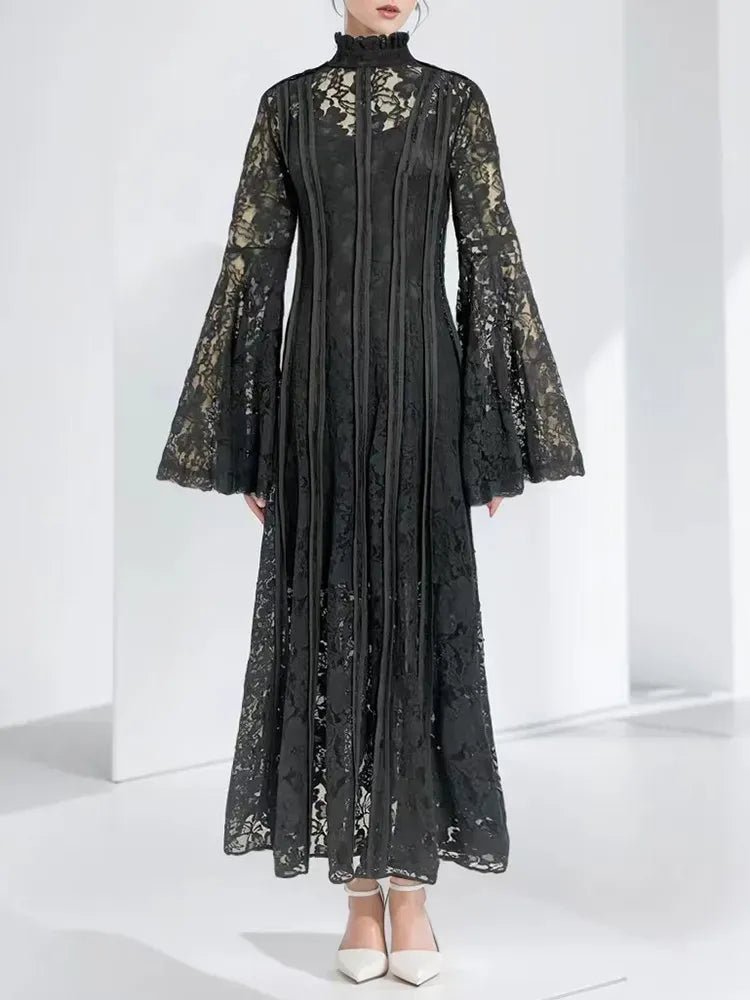 TWOTWINSTYLE Patchwork Lace Slimming Dresses For Women Stand Collar Flare Sleeve High Waist Solid Elegant Dress Female Fashion - SN Wigs & More