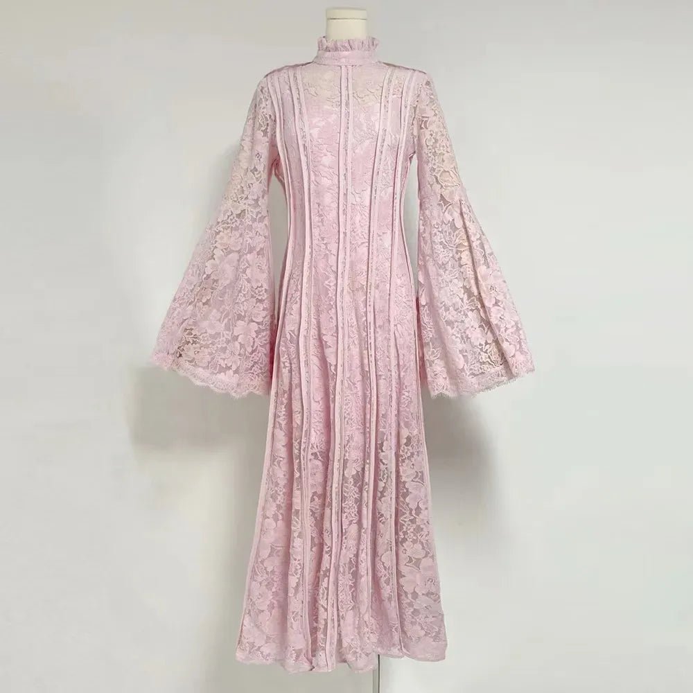 TWOTWINSTYLE Patchwork Lace Slimming Dresses For Women Stand Collar Flare Sleeve High Waist Solid Elegant Dress Female Fashion - SN Wigs & More