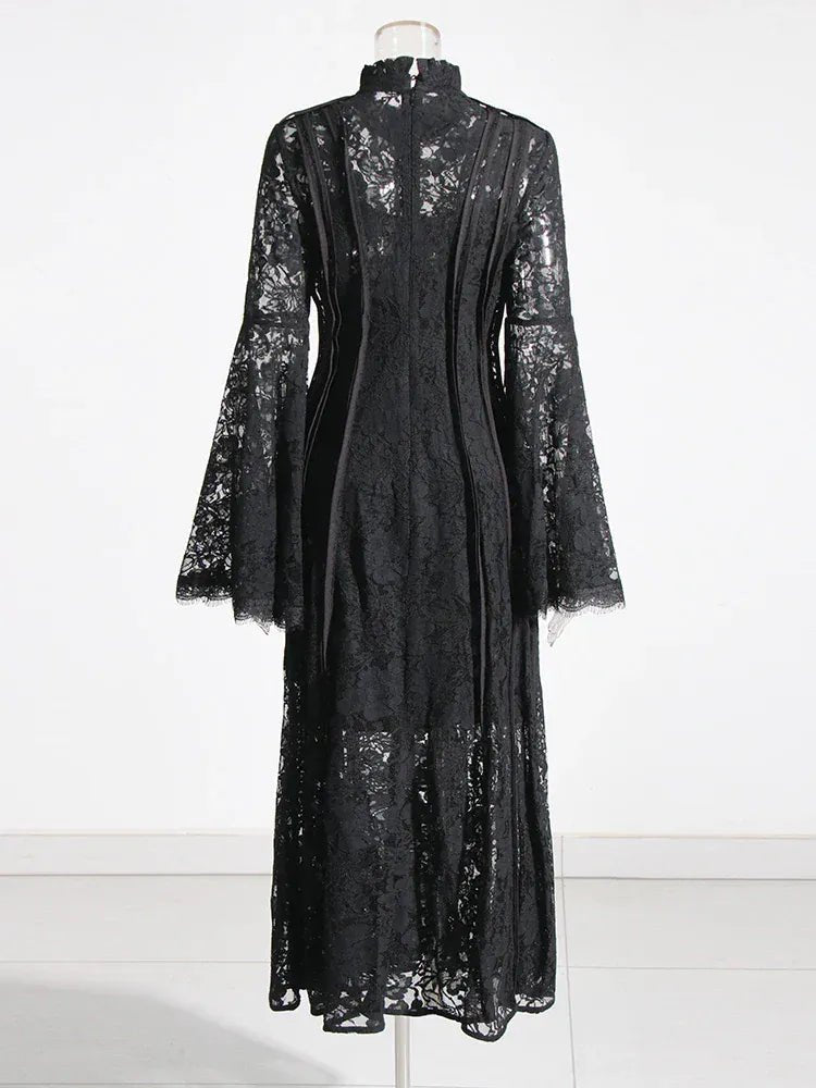 TWOTWINSTYLE Patchwork Lace Slimming Dresses For Women Stand Collar Flare Sleeve High Waist Solid Elegant Dress Female Fashion - SN Wigs & More