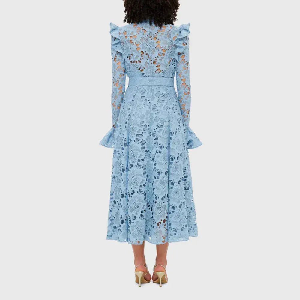 TWOTWINSTYLE Solid Hollow Out Midi Dresses for Women Round Neck Long Sleeves Patchwork Folds Temperament Dress Female Clothing - SN Wigs & More