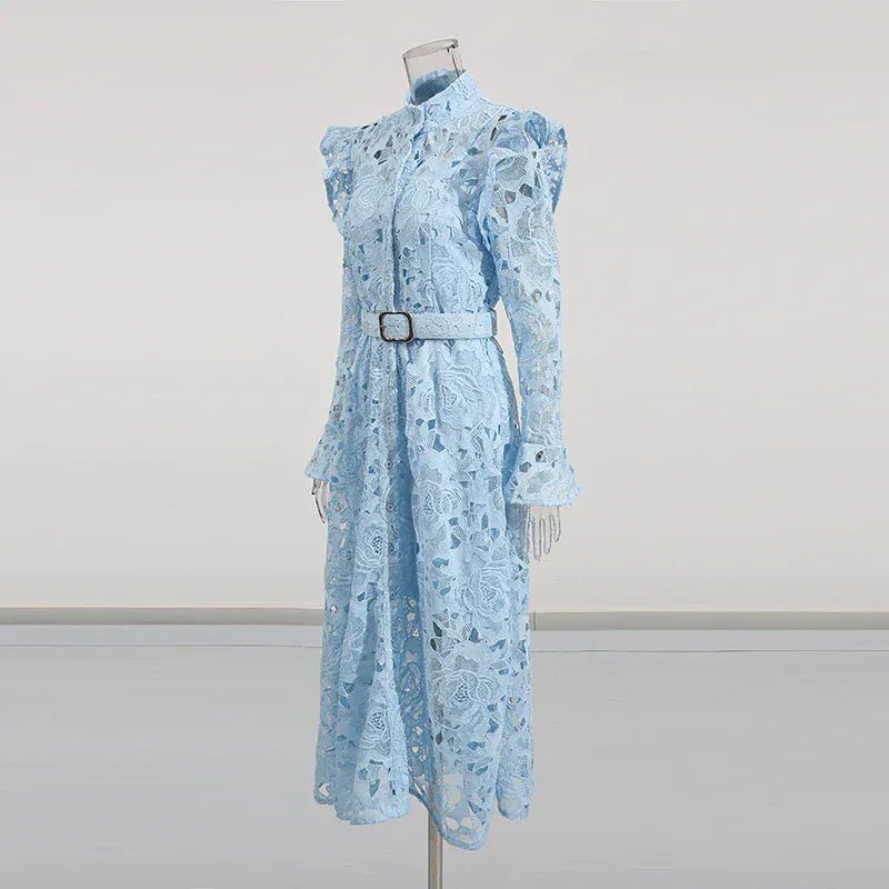 TWOTWINSTYLE Solid Hollow Out Midi Dresses for Women Round Neck Long Sleeves Patchwork Folds Temperament Dress Female Clothing - SN Wigs & More