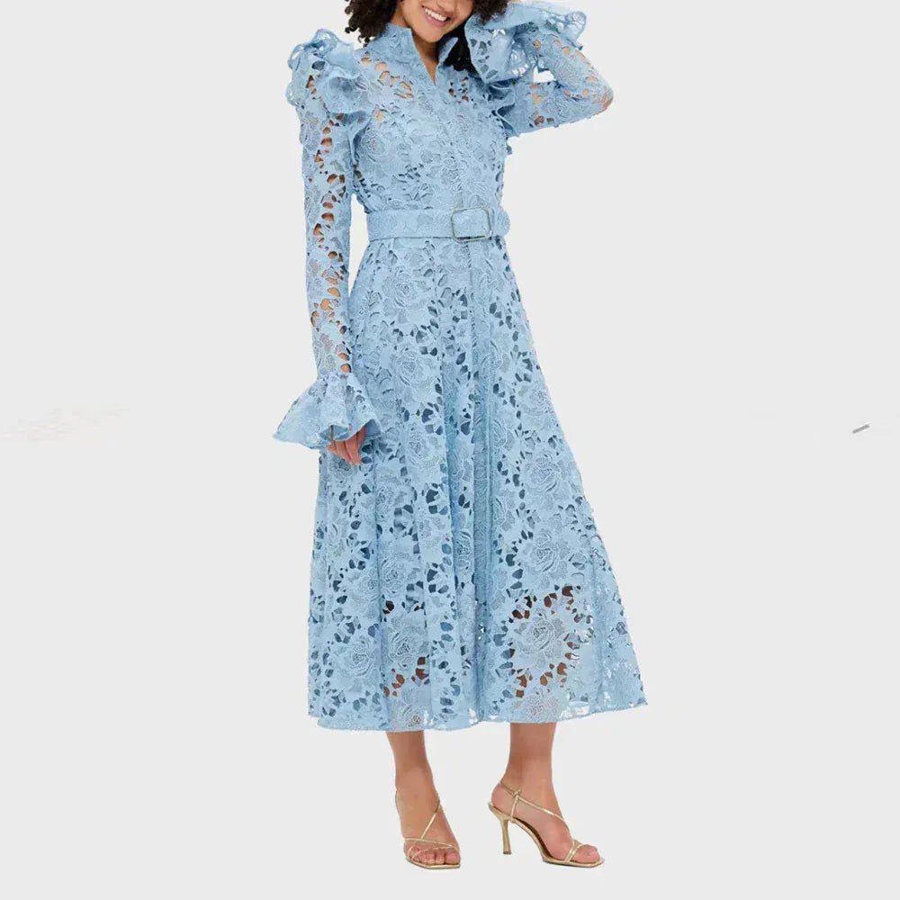 TWOTWINSTYLE Solid Hollow Out Midi Dresses for Women Round Neck Long Sleeves Patchwork Folds Temperament Dress Female Clothing - SN Wigs & More