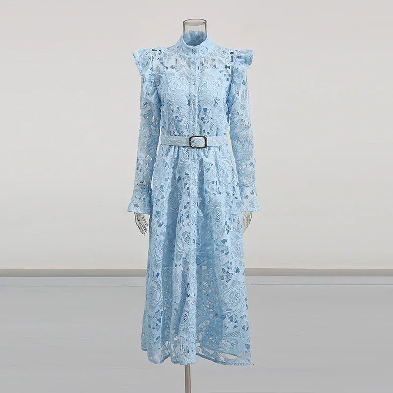 TWOTWINSTYLE Solid Hollow Out Midi Dresses for Women Round Neck Long Sleeves Patchwork Folds Temperament Dress Female Clothing - SN Wigs & More