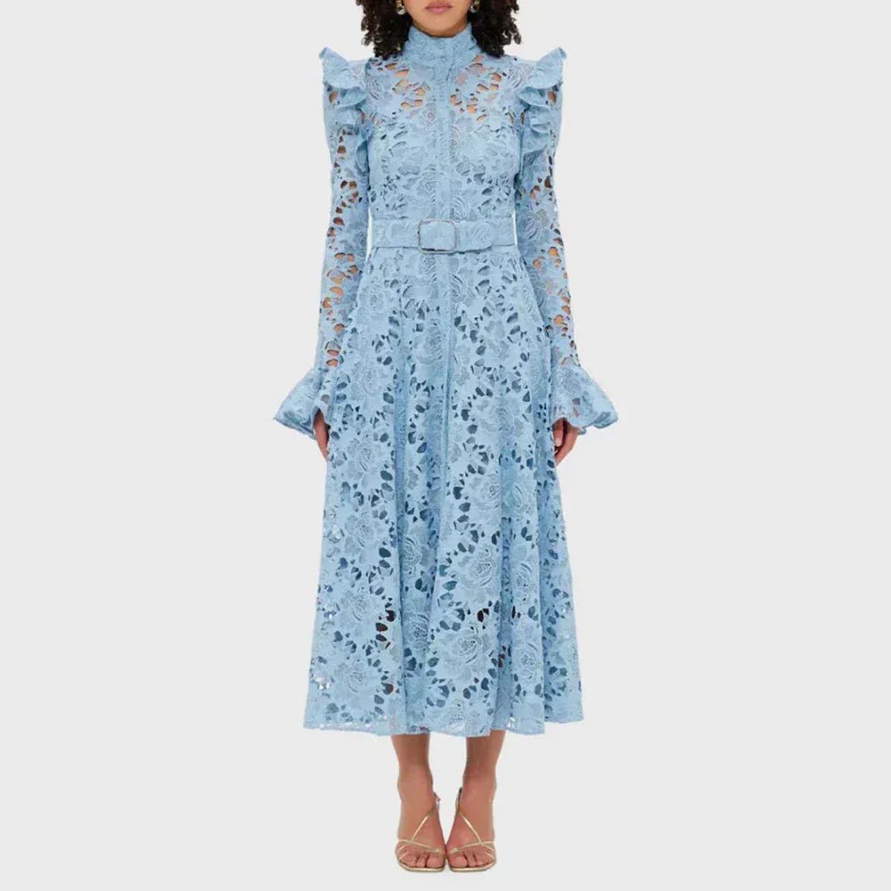 TWOTWINSTYLE Solid Hollow Out Midi Dresses for Women Round Neck Long Sleeves Patchwork Folds Temperament Dress Female Clothing - SN Wigs & More
