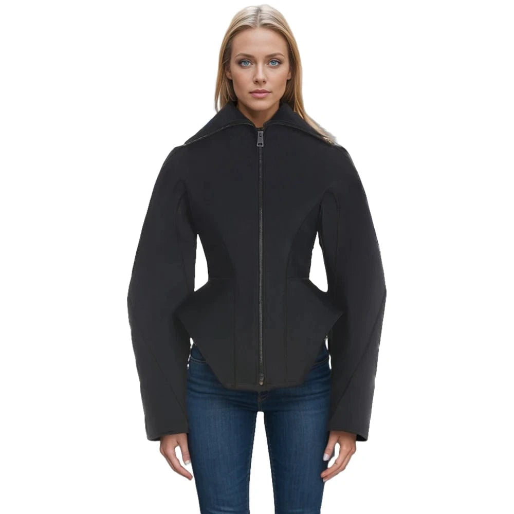 TWOTWINSTYLE Women's Bonded Fitted Jacket Casual Corset-Style Coats Long Puffy Sleeves Lapel Collar Street Style