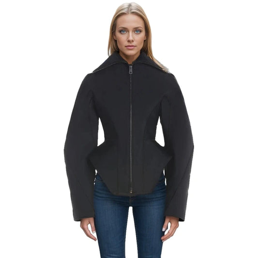 TWOTWINSTYLE Women's Bonded Fitted Jacket Casual Corset-Style Coats Long Puffy Sleeves Lapel Collar Street Style
