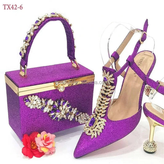 TX42   Italian Shoes with Matching Bags for Wedding Italy Woman Italian Shoes and Bags Set Decorated with Rhinestone Party Shoes