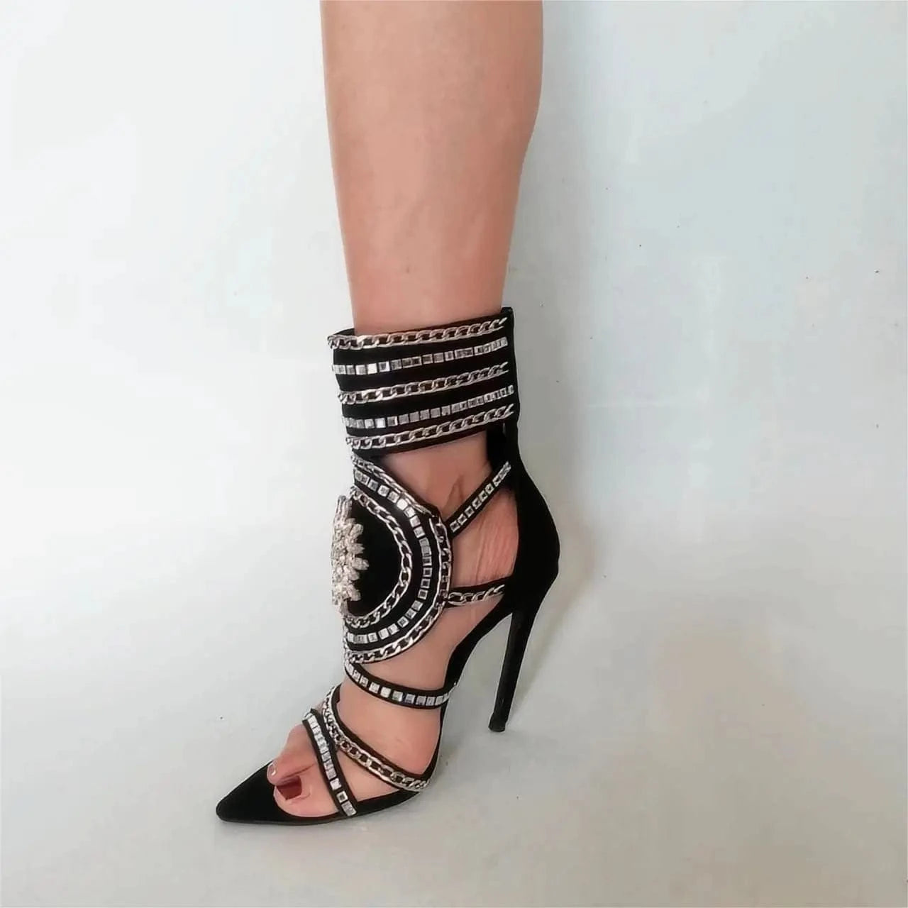 Ubililia back zipper up pointed toe diamond sandals for women Spring summer metal chain details peep toe ankle Boots sandals