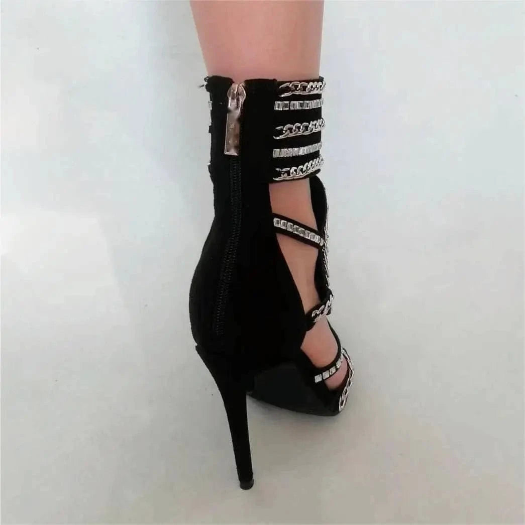 Ubililia back zipper up pointed toe diamond sandals for women Spring summer metal chain details peep toe ankle Boots sandals