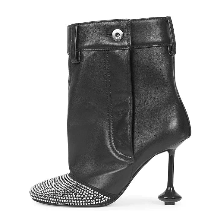 UBILILIA black Ladies Winter midi Boots Rhinestone Toe genuine Leather Strange high Heels Women autumn brown Heeled Ankle Boots