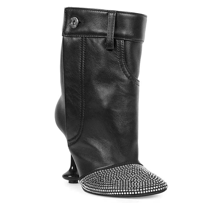 UBILILIA black Ladies Winter midi Boots Rhinestone Toe genuine Leather Strange high Heels Women autumn brown Heeled Ankle Boots