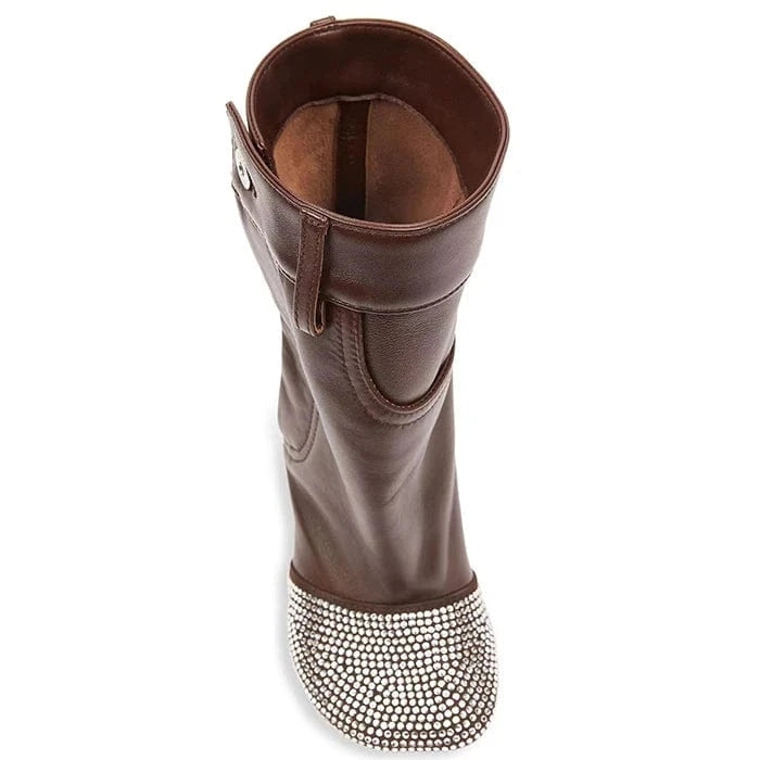 UBILILIA black Ladies Winter midi Boots Rhinestone Toe genuine Leather Strange high Heels Women autumn brown Heeled Ankle Boots