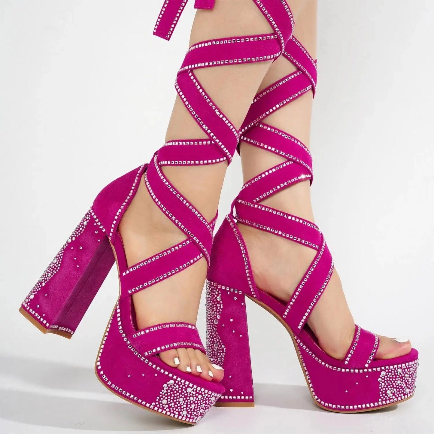 Ubililia Chunky Heel Women Platform Sandals rhinestone lace up strappy diamond square block heels sandals for women and ladies