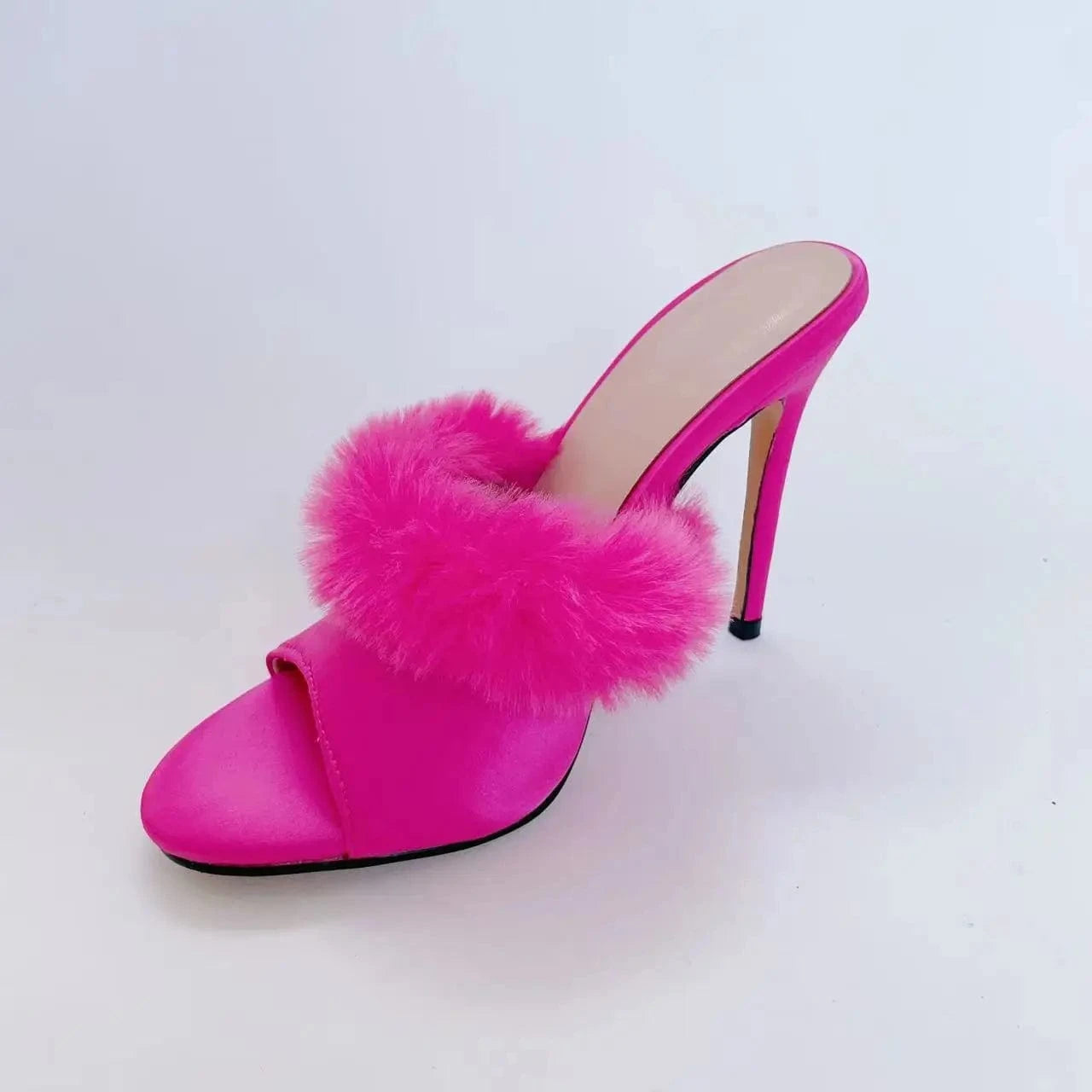 Ubililia Custom hot pink High Heel slides mules Furry Fluffy Pointy Toe slippers Fur stiletto high Heels Women suede Sandals
