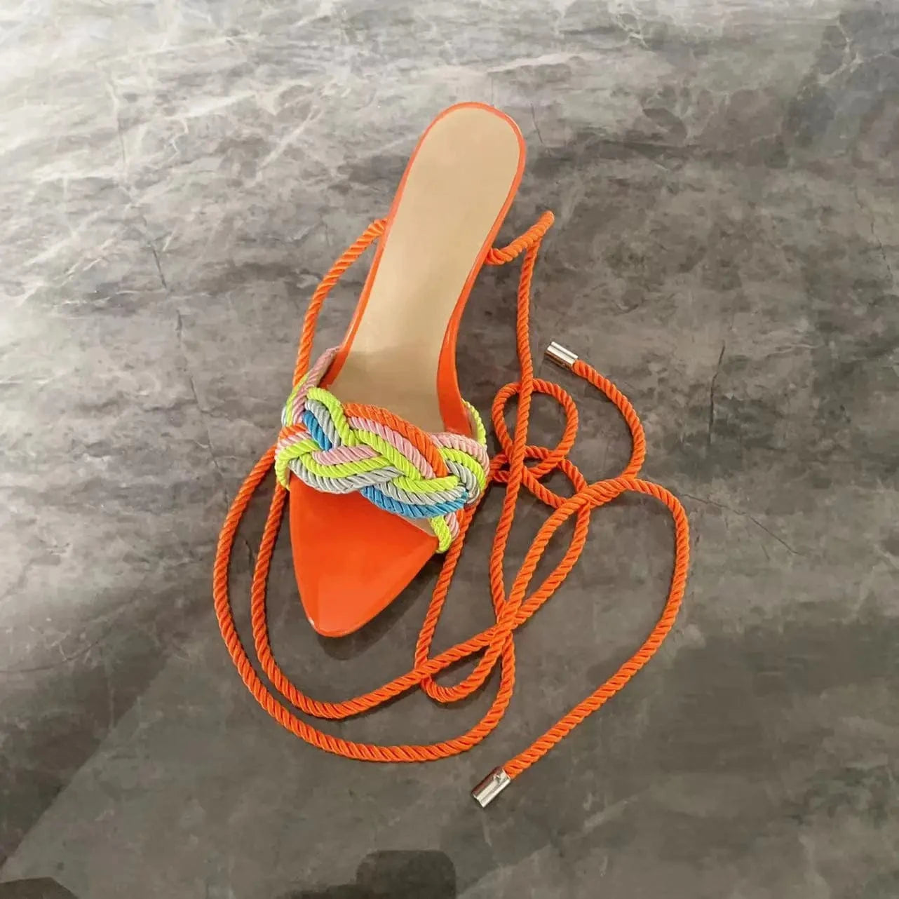 Ubililia Custom women lace up stiletto heels Braided Rope Orange Ankle Wrap Pointed Toe Thin Heels Summer Dress Shoes sandals