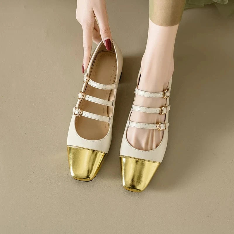 Ubililia Customized genuine leather new silver three strap shallow square round toe single shoes for women mid block heels pumps