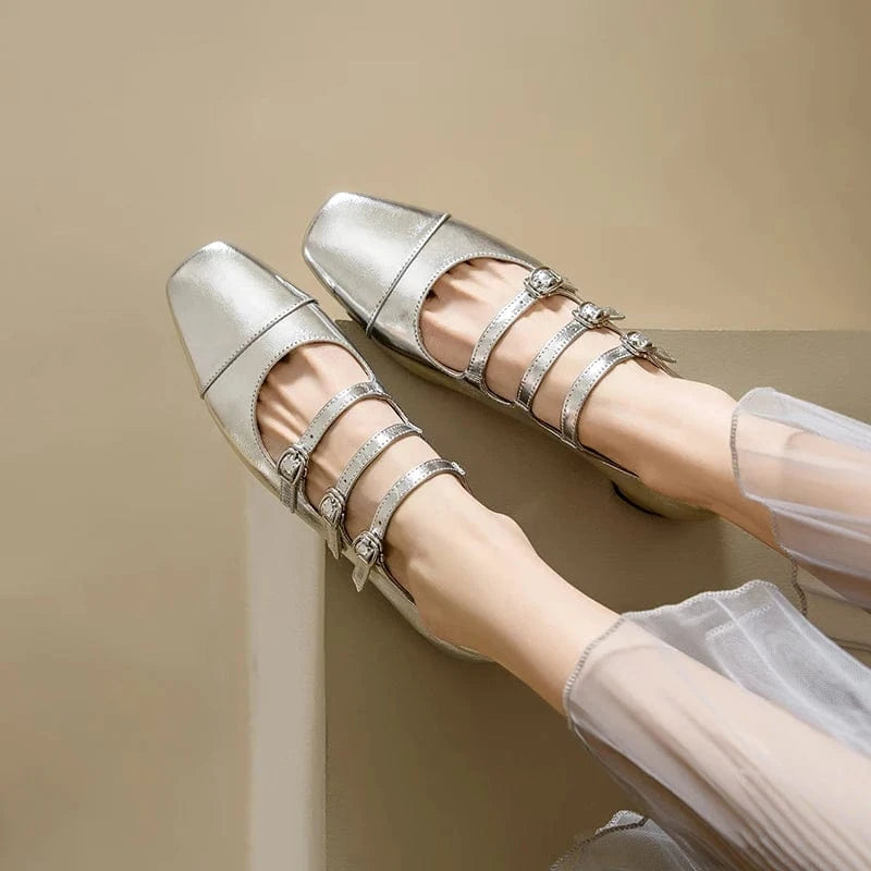 Ubililia Customized genuine leather new silver three strap shallow square round toe single shoes for women mid block heels pumps