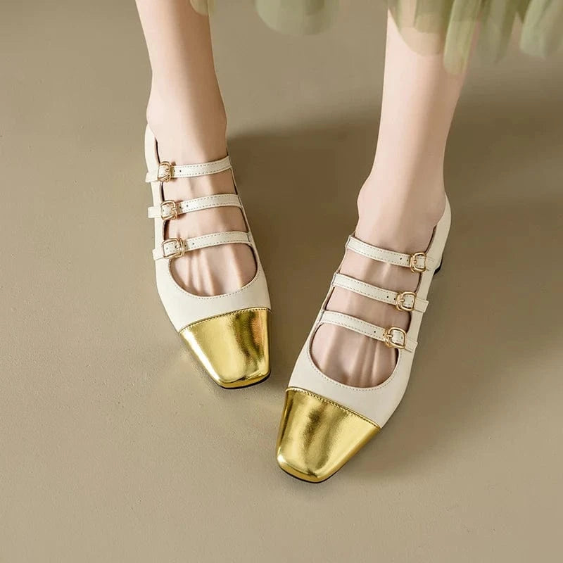 Ubililia Customized genuine leather new silver three strap shallow square round toe single shoes for women mid block heels pumps