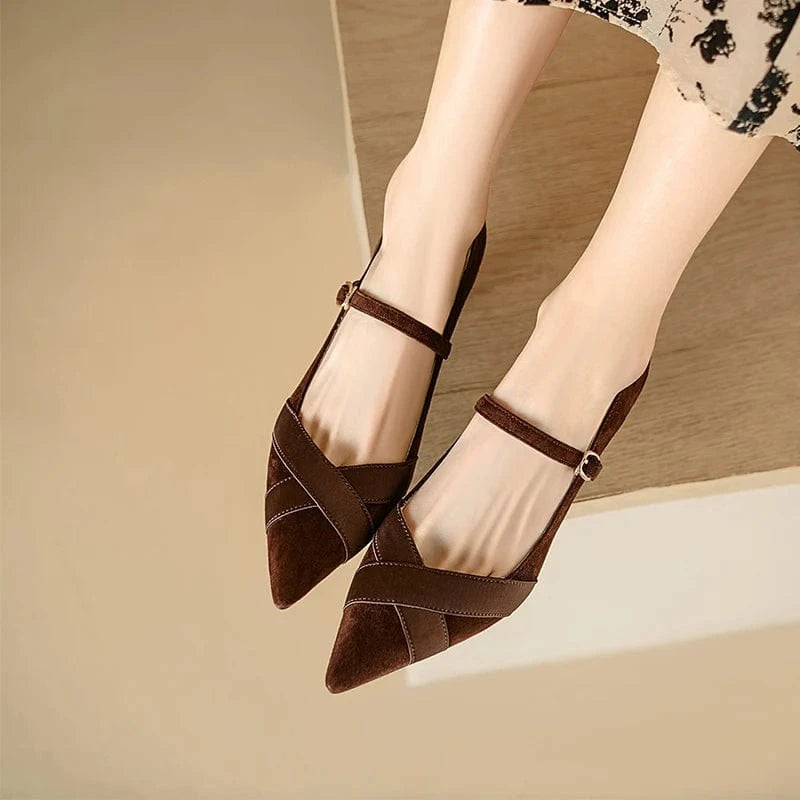 Ubililia Fairy buckle strap block heels pointed toe mid gold heels with pearl suede pumps x strap kitten heels Dress Shoes