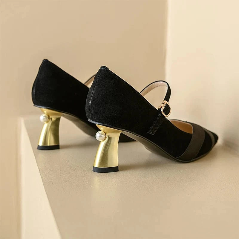 Ubililia Fairy buckle strap block heels pointed toe mid gold heels with pearl suede pumps x strap kitten heels Dress Shoes