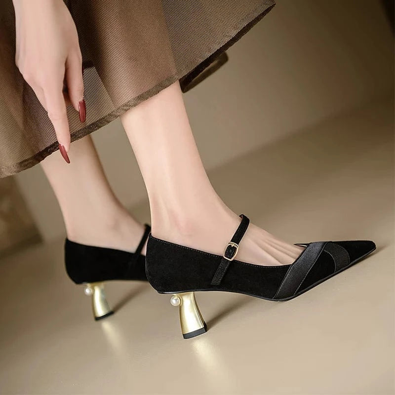 Ubililia Fairy buckle strap block heels pointed toe mid gold heels with pearl suede pumps x strap kitten heels Dress Shoes