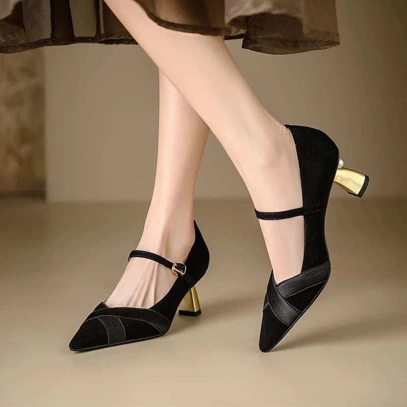 Ubililia Fairy buckle strap block heels pointed toe mid gold heels with pearl suede pumps x strap kitten heels Dress Shoes