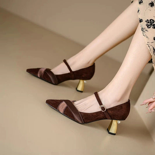 Ubililia Fairy buckle strap block heels pointed toe mid gold heels with pearl suede pumps x strap kitten heels Dress Shoes