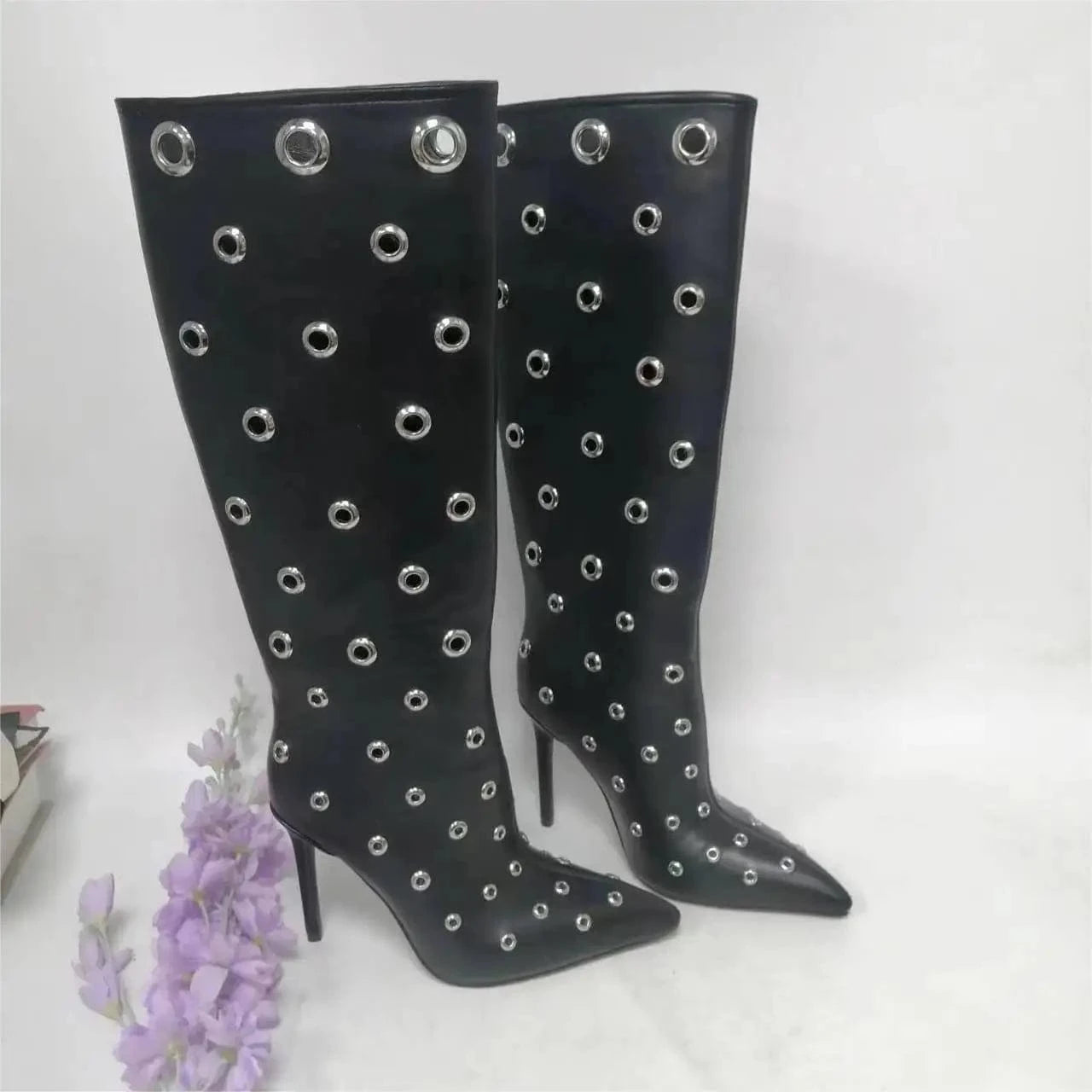 UBILILIA hollowed pointed toe High Heels Boots For Women Thigh High Boots Sexy Nightclub Ladies Dance Ring Decor Knee high Boots