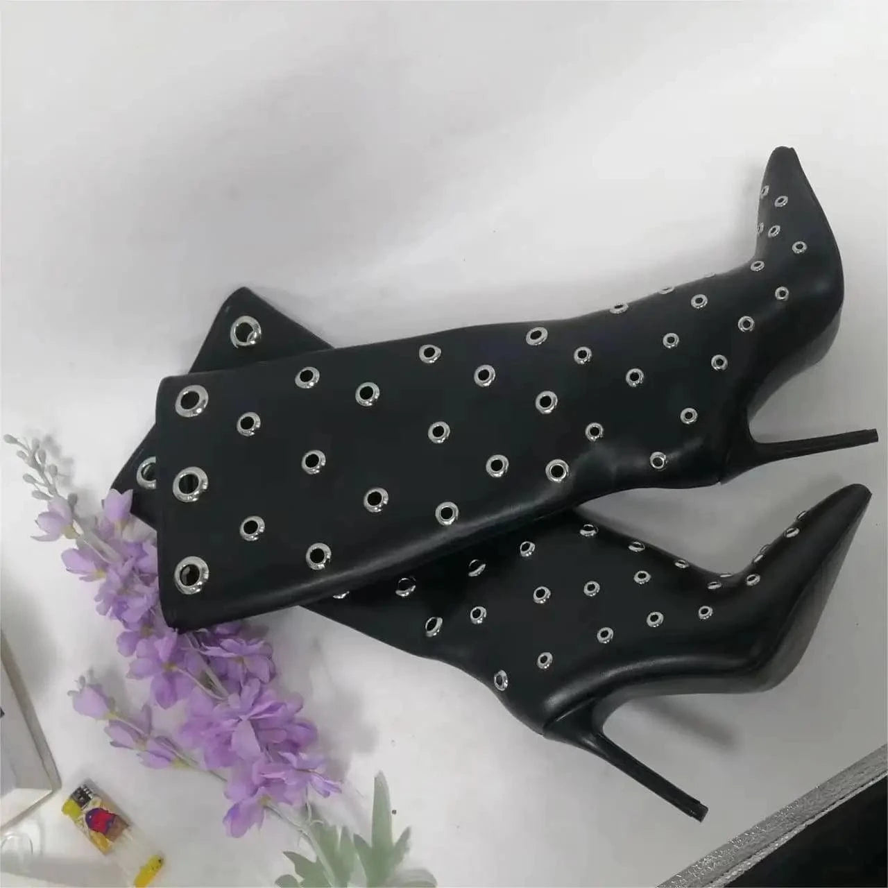 UBILILIA hollowed pointed toe High Heels Boots For Women Thigh High Boots Sexy Nightclub Ladies Dance Ring Decor Knee high Boots