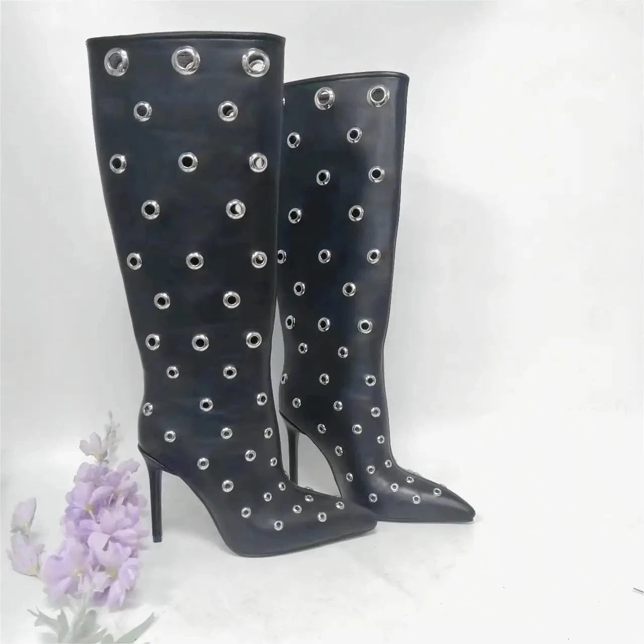 UBILILIA hollowed pointed toe High Heels Boots For Women Thigh High Boots Sexy Nightclub Ladies Dance Ring Decor Knee high Boots