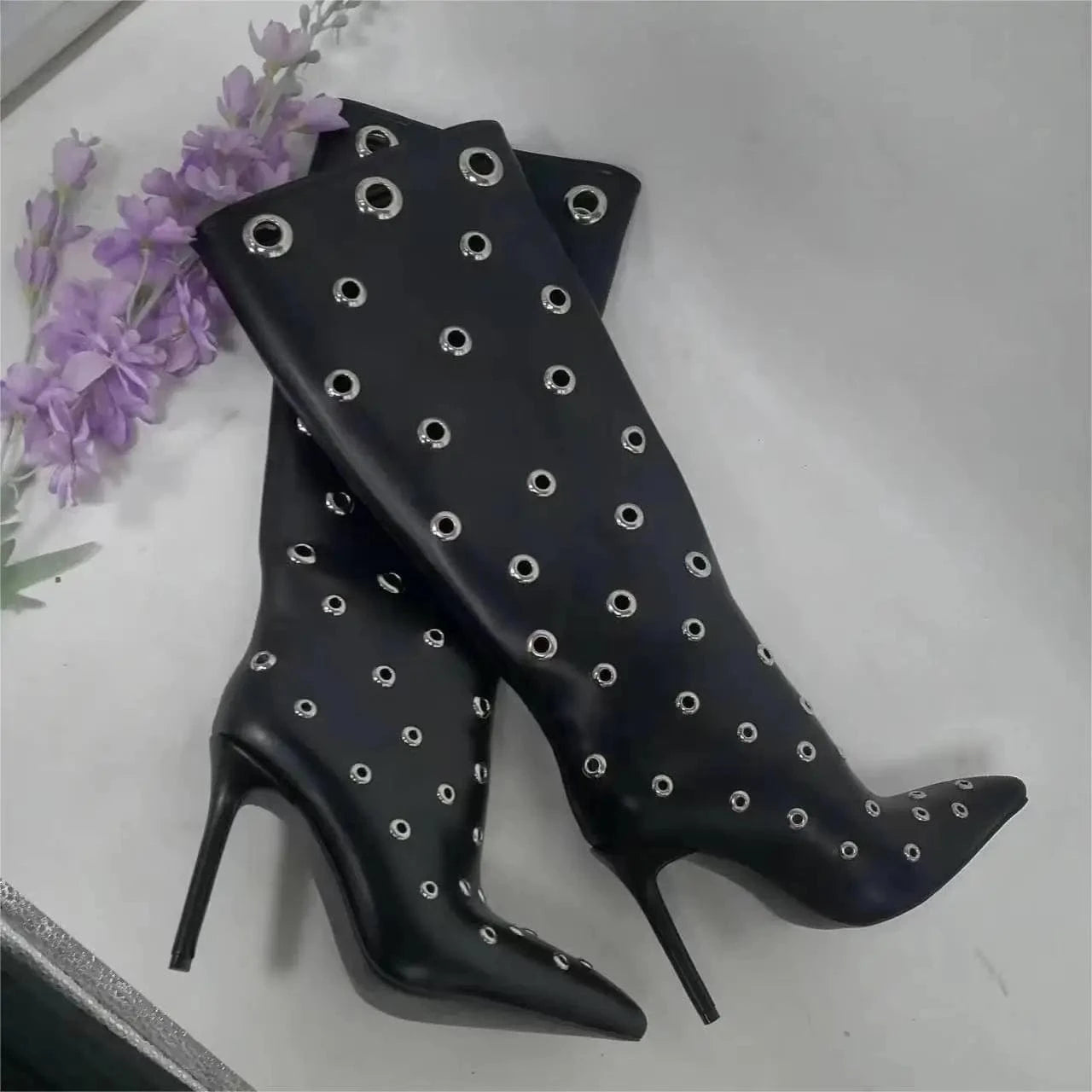 UBILILIA hollowed pointed toe High Heels Boots For Women Thigh High Boots Sexy Nightclub Ladies Dance Ring Decor Knee high Boots