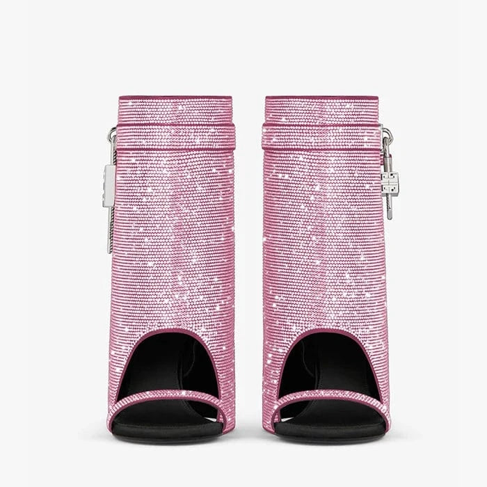 UBILILIA Ladies designer high heels Overlay shiny midi Boots peep toe genuine Leather wedge Heels Women rhinestone heeled sandal