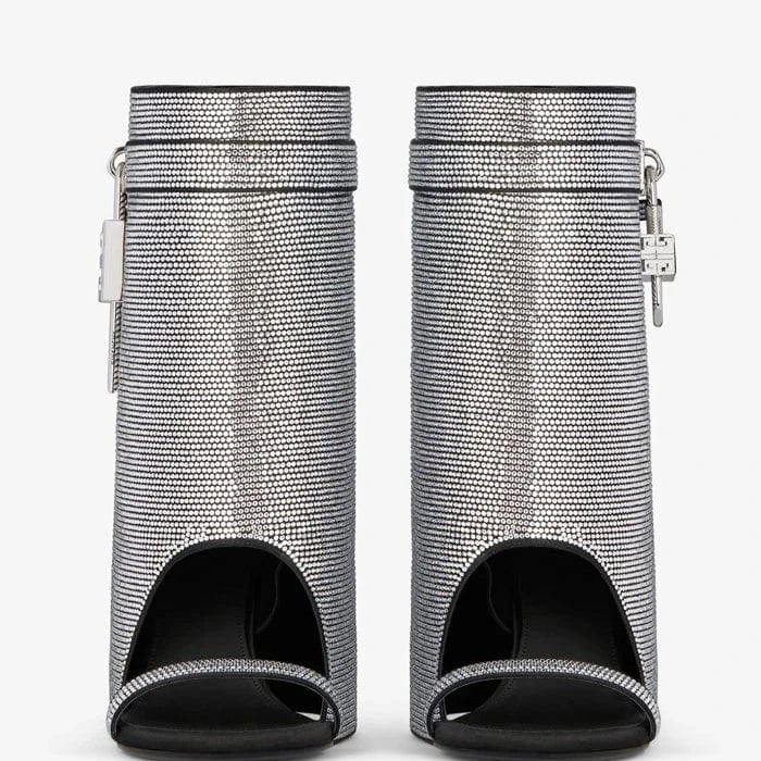 UBILILIA Ladies designer high heels Overlay shiny midi Boots peep toe genuine Leather wedge Heels Women rhinestone heeled sandal