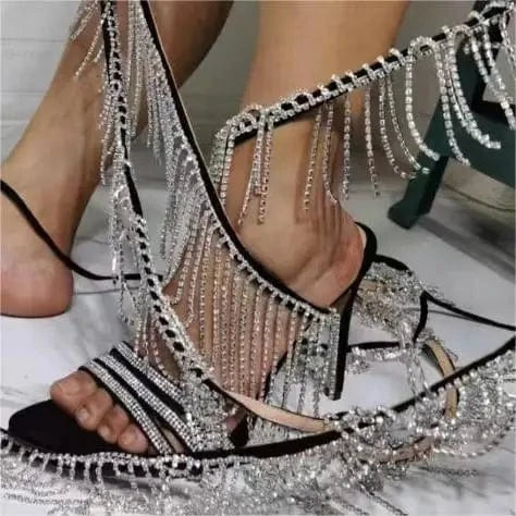 Ubililia Ladies Party lace up stiletto High Heel Sandals Sexy Bling Rhinestone Tassel diamonds cross straps sandals for women