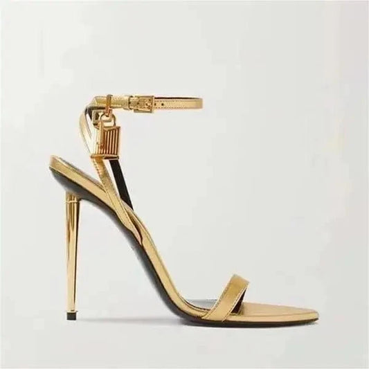 Ubililia Metal high heels Pointy Toe Style Gold Lock Ankle Lace up Elegant Sexy ladies gold black Unique Luxury Heels sandals