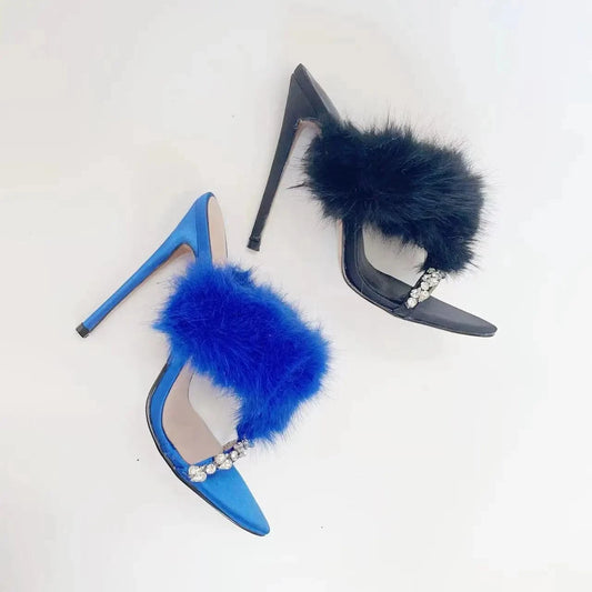 Ubililia New Crystal Strap Sandals Summer Colorful Fox Fur Suede High Heels Slippers Women Fluffy fur women high heel sandals