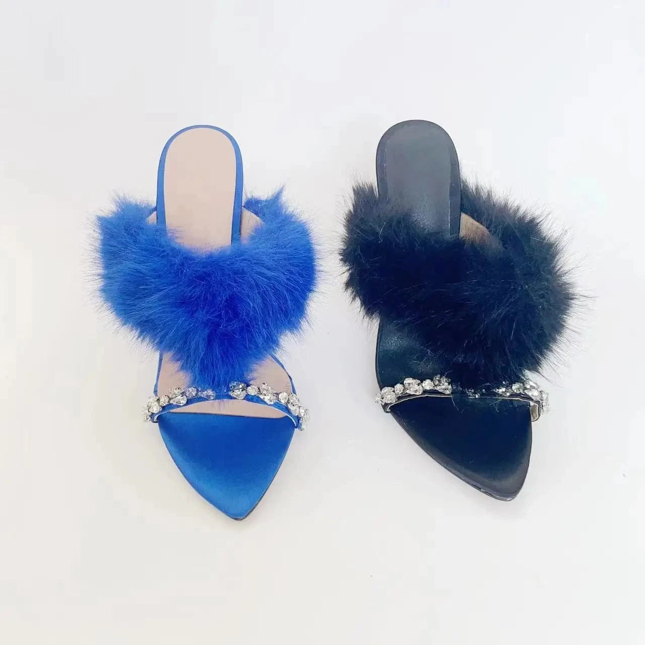 Ubililia New Crystal Strap Sandals Summer Colorful Fox Fur Suede High Heels Slippers Women Fluffy fur women high heel sandals