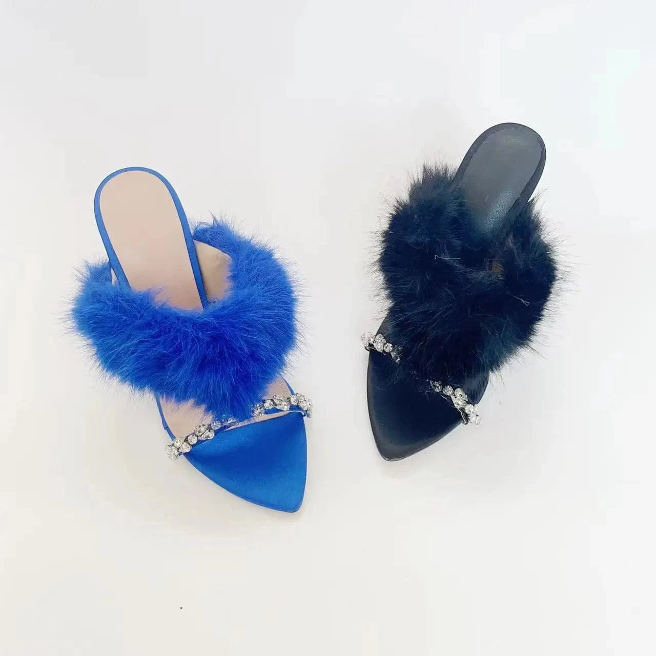 Ubililia New Crystal Strap Sandals Summer Colorful Fox Fur Suede High Heels Slippers Women Fluffy fur women high heel sandals