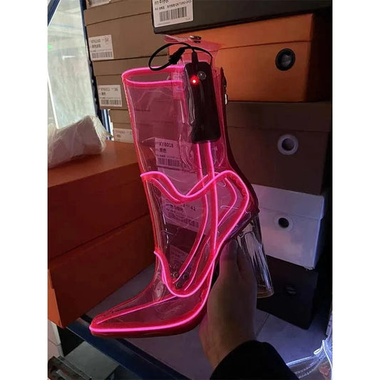 UBILILIA Nightclub Flasher LED light fashion Shoes clear PVC midi booties Crystal block High Heels Transparent Boots For Ladies